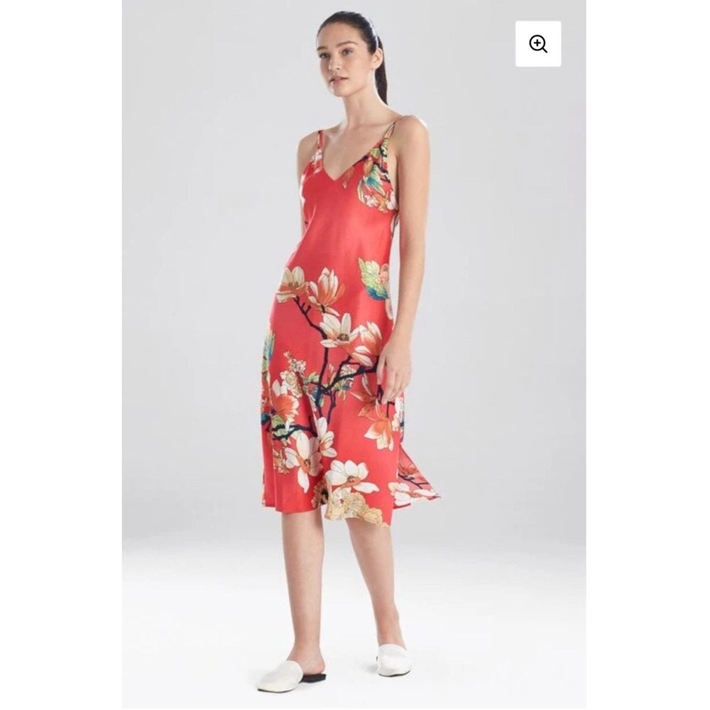 Natori Enchanted Lotus Satin Gown Slip Dress Passion Fruit Womens M Floral Coral